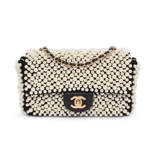Chanel Black Satin & Lambskin Pearl Flap Bag - Rovelle Bags