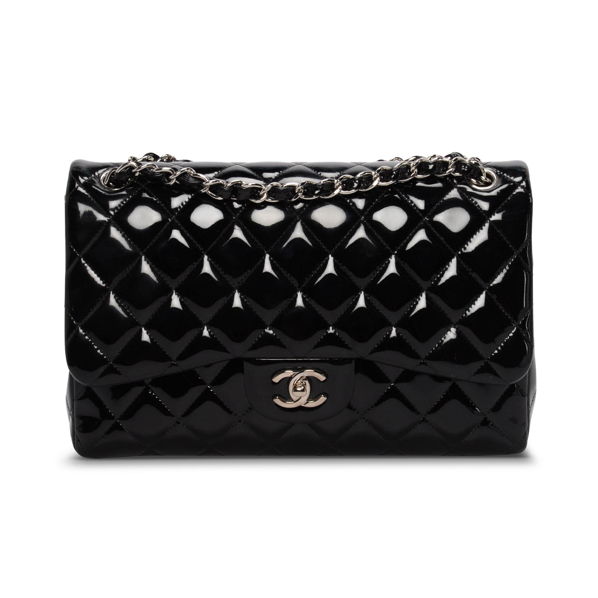 Chanel Black Quilted Patent Large Double Flap Bag - Rovelle Bags