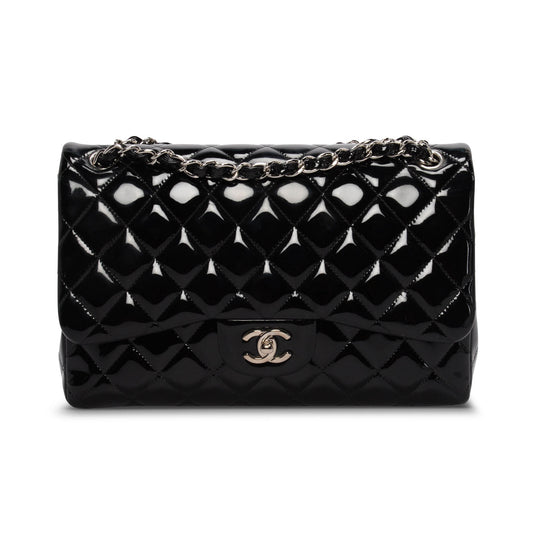 Chanel Black Quilted Patent Large Double Flap Bag - Rovelle Bags