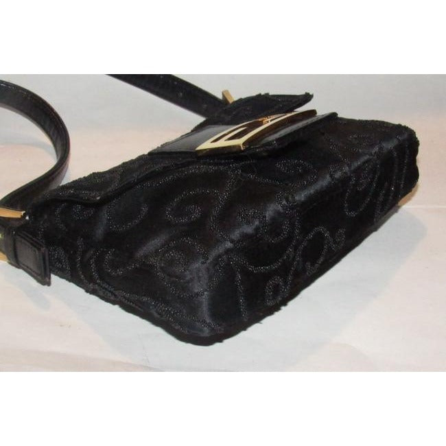 Fendi Black Silk And Leather Petite Baguette With Geometric Beaded Embellishments