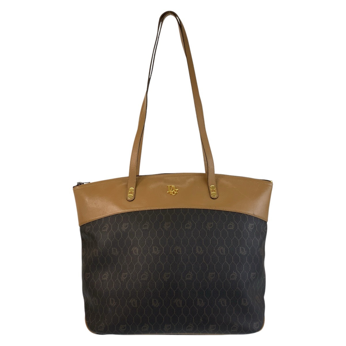 Christian Dior Tote Bag PVC, Leather Brown Camel Gold Metal Tote Bag Shoulder Bag Honeycomb Women