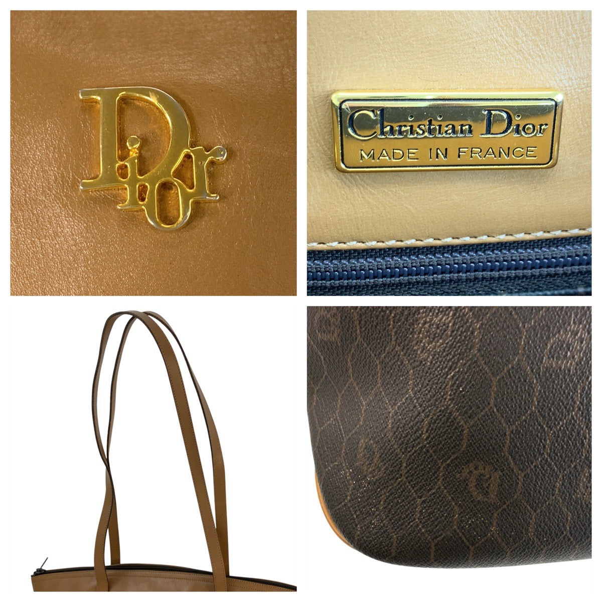 Christian Dior Tote Bag PVC, Leather Brown Camel Gold Metal Tote Bag Shoulder Bag Honeycomb Women