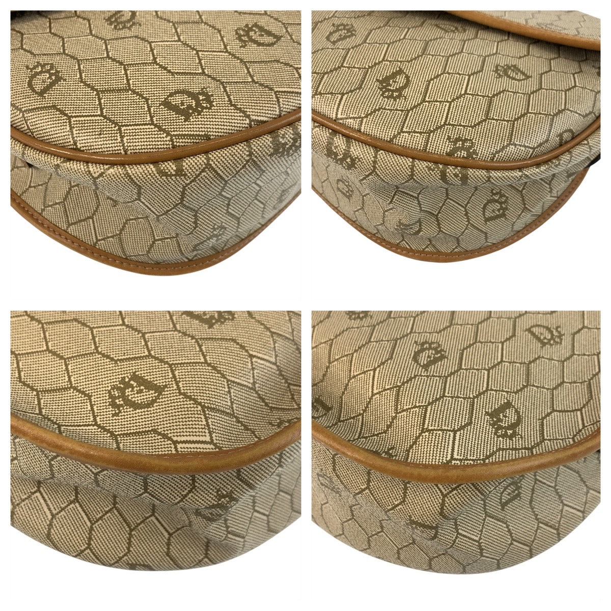 Christian Dior Shoulder Bag PVC Beige Brown Gold Metal Honeycomb Pattern