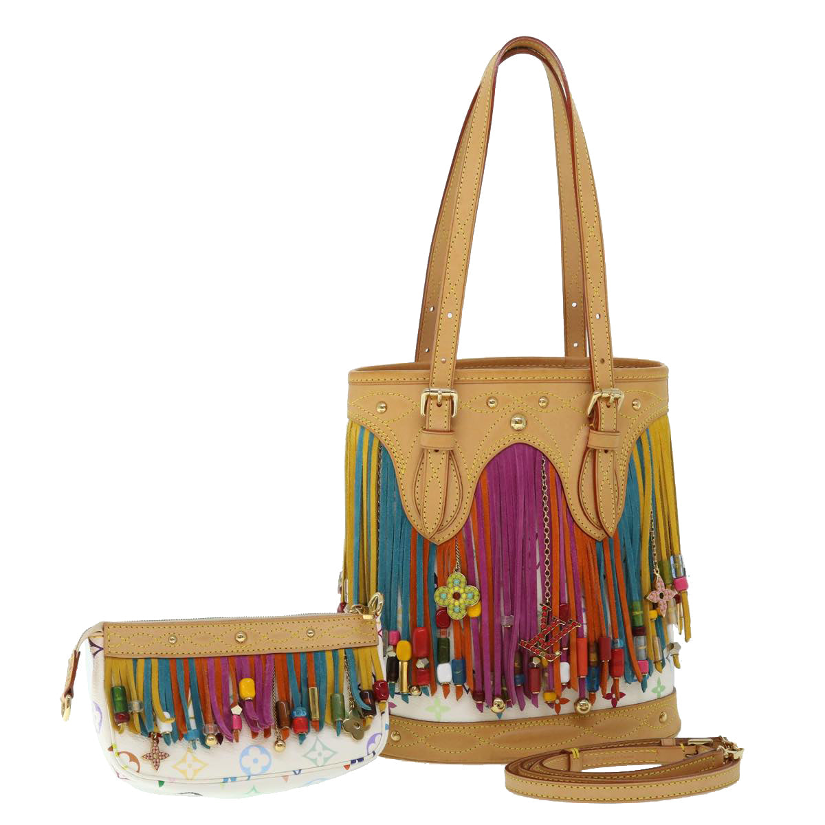 LOUIS VUITTON Monogram Multicolor Bucket Fringe Bag White M40109 LV Auth 51257A