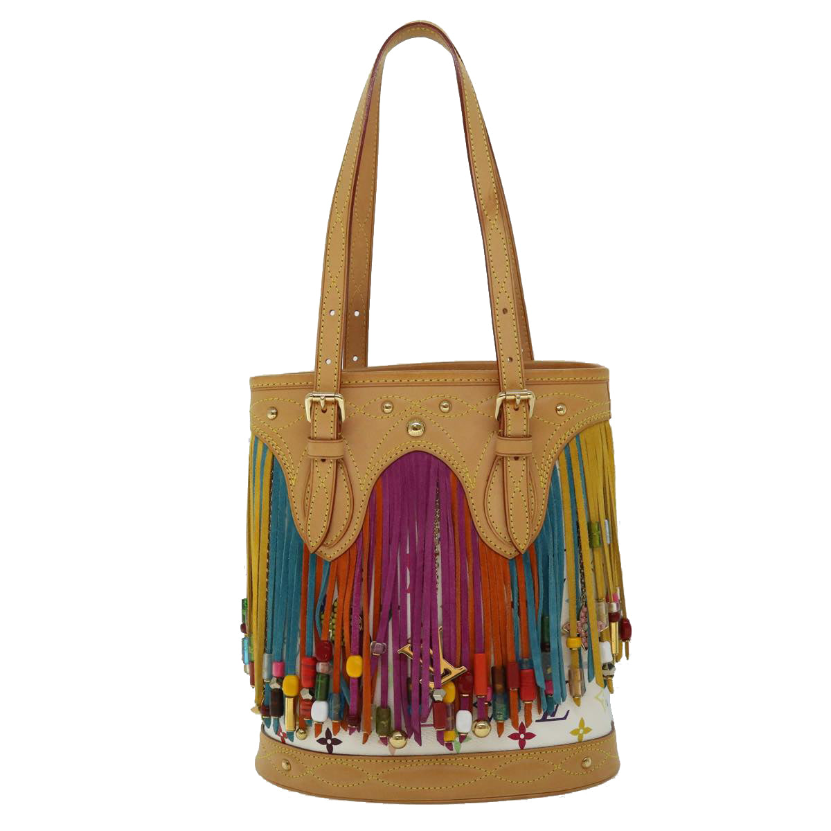 LOUIS VUITTON Monogram Multicolor Bucket Fringe Bag White M40109 LV Auth 51257A