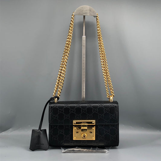 Gucci Black GG Embossed Leather Padlock Shoulder Bag