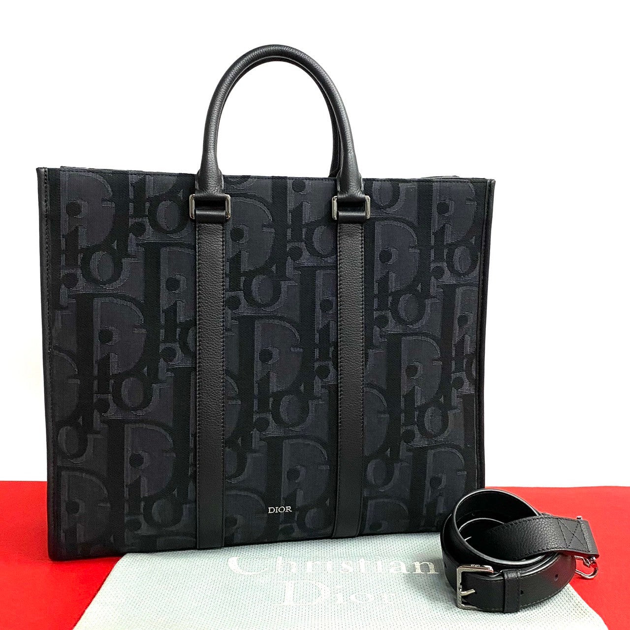 Dior Tote Bag Leather, Canvas black Trotter Pattern East West mens