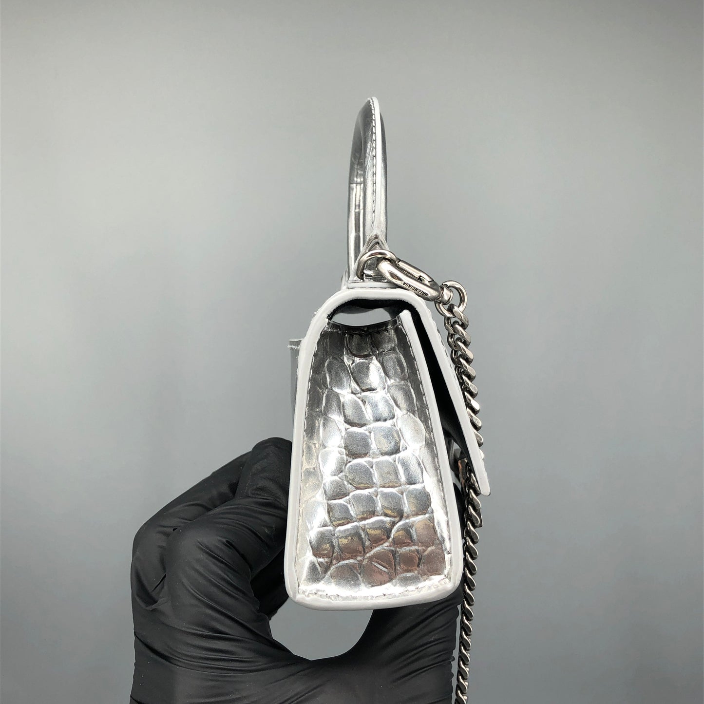 Balenciaga Silver Croc Embossed micro Hourglass Top Handle Bag