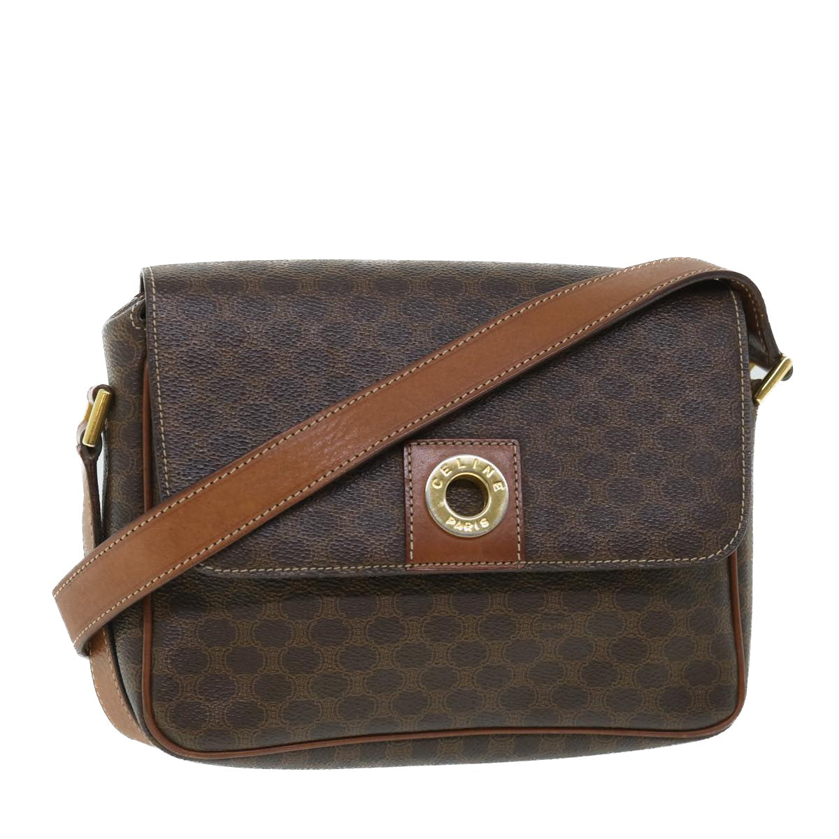 Luxury CELINE Macadam Canvas Shoulder Bag PVC Leather Brown 54894