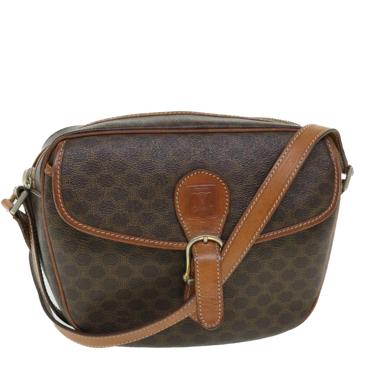 Luxury CELINE Macadam Canvas Shoulder Bag PVC Leather Brown 54913