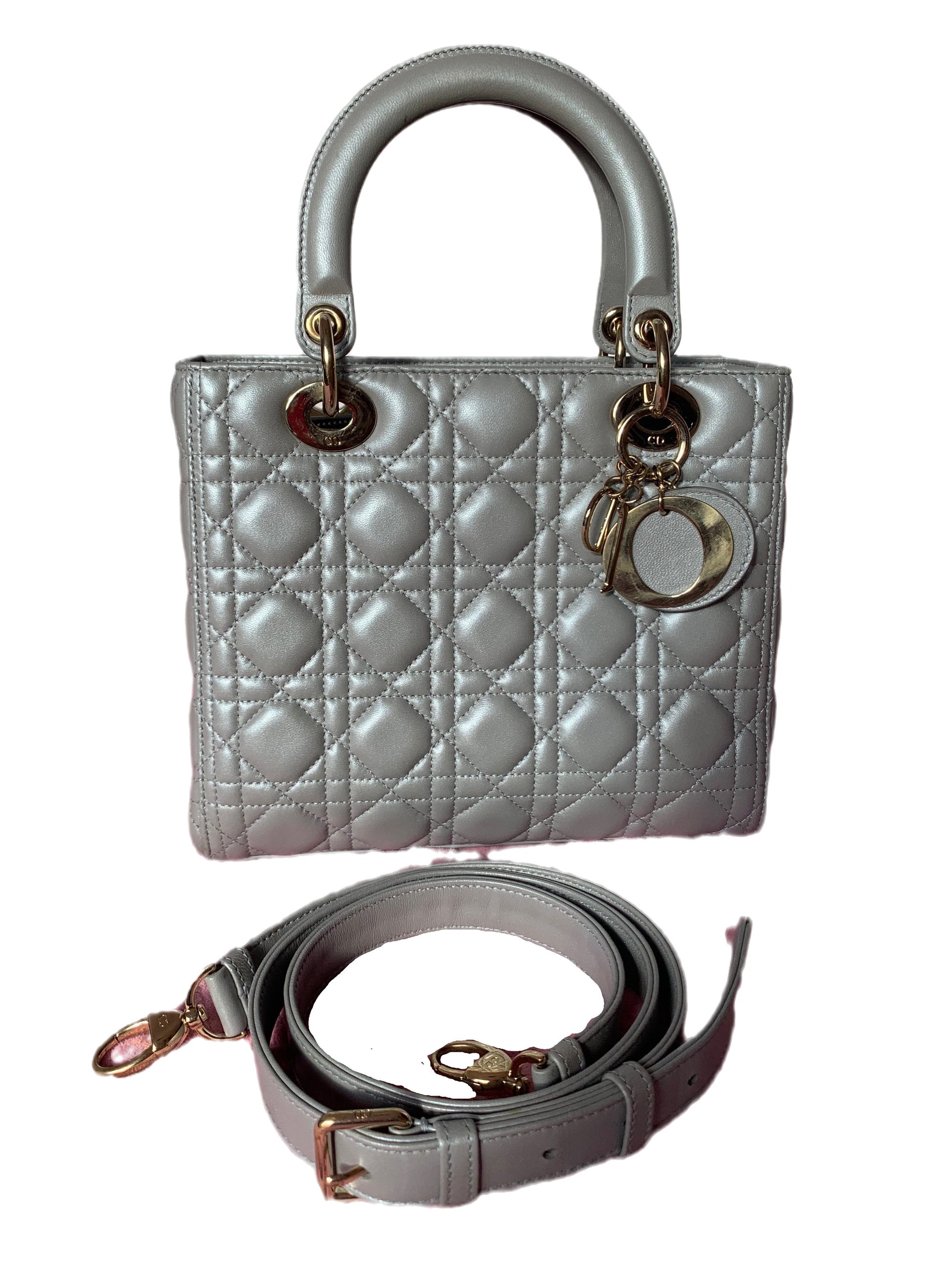 Lady Dior Pearlescent Grey Medium Lambskin Cannage Leather Handbag