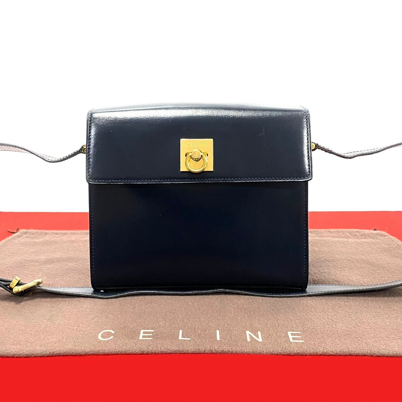 CELINE Shoulder Bag leather Navy logo ring Metal Women