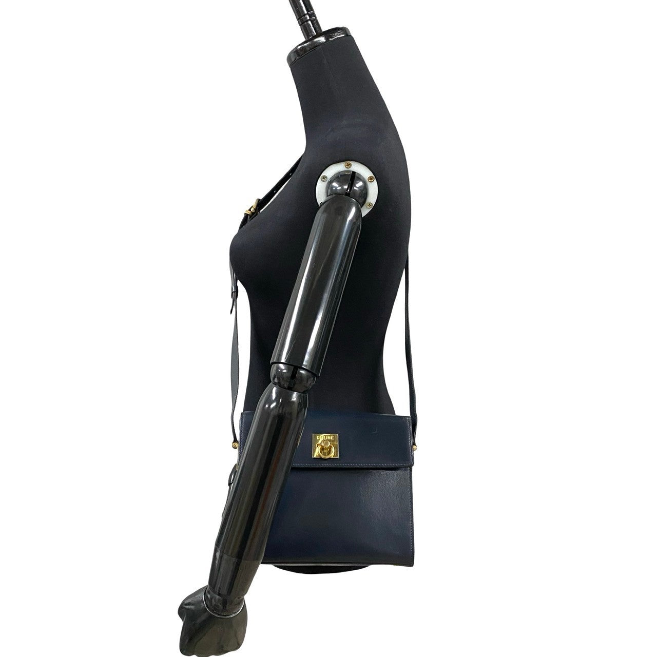 CELINE Shoulder Bag leather Navy logo ring Metal Women