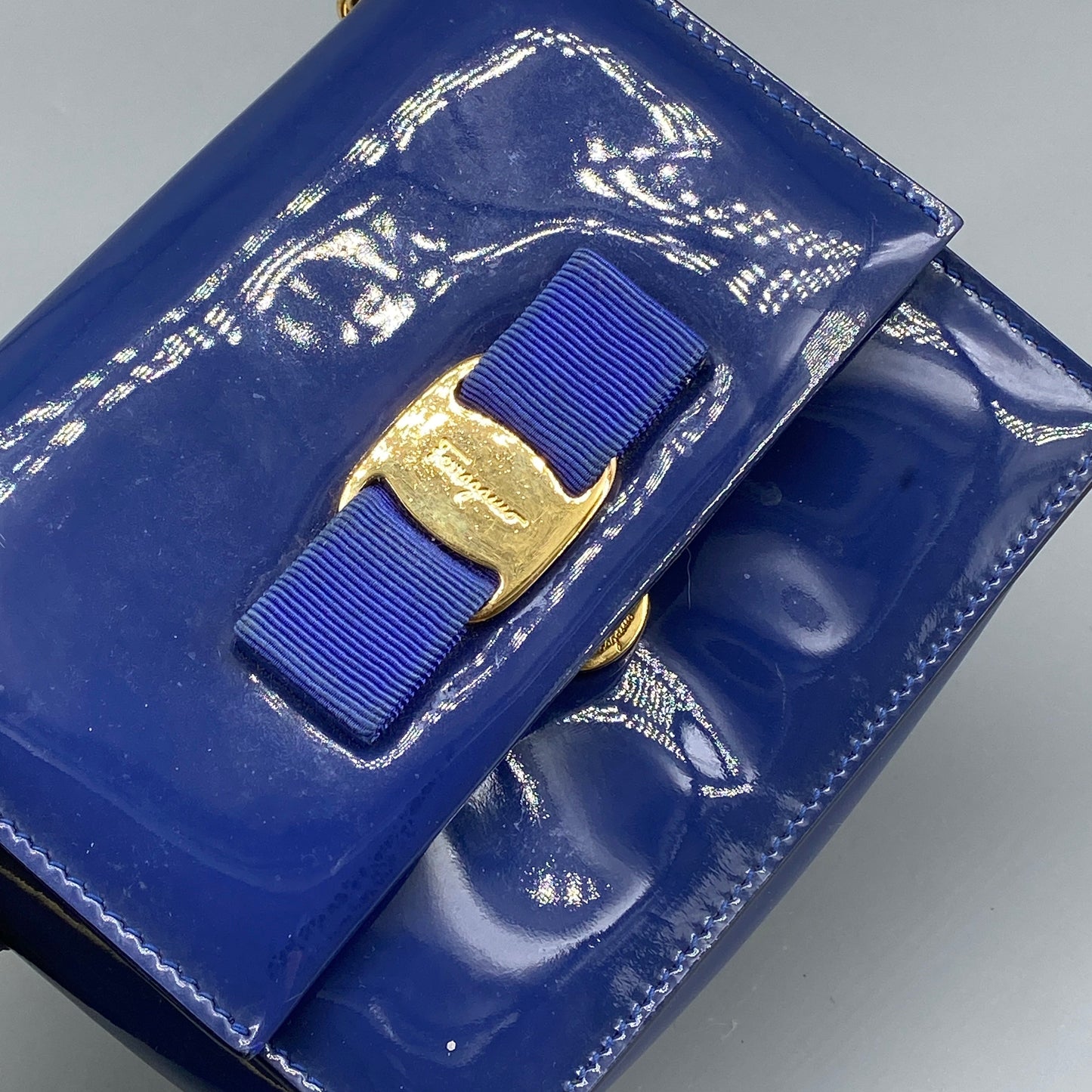 Salvatore Ferragamo Vara Bow Patent Leather Shoulder Bag Royal Blue