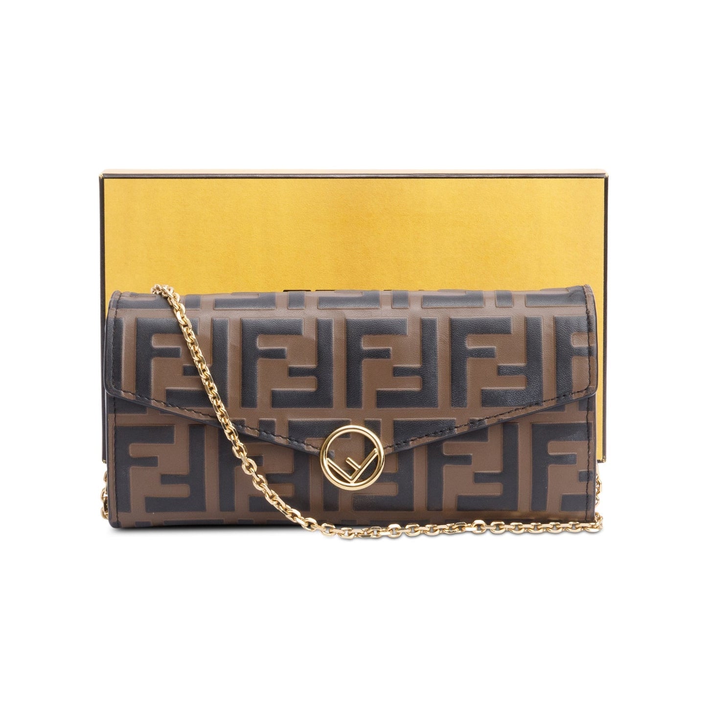 Fendi Brown FF Zucca Embossed Leather Continental Wallet on Chain