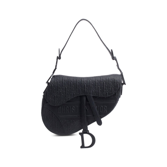 Christian 2022 Dior Black Oblique Embossed Calfskin Leather Saddle Bag