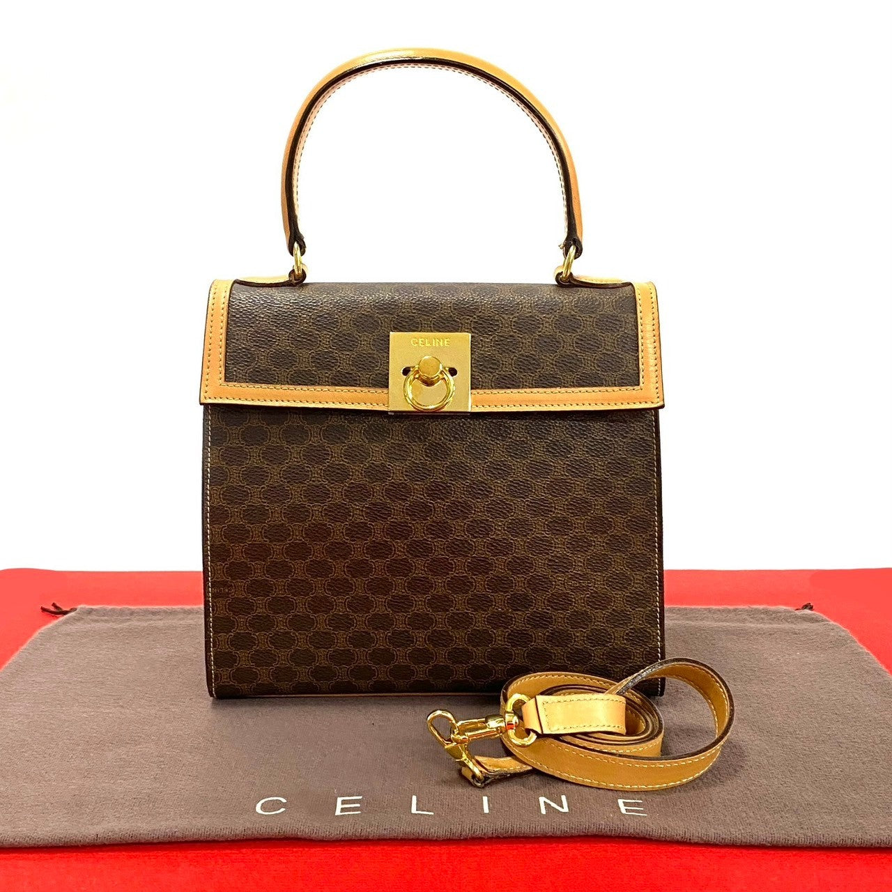 CELINE Shoulder Bag Leather, PVC Brown Macadam Blason Pattern Ring Metal Women