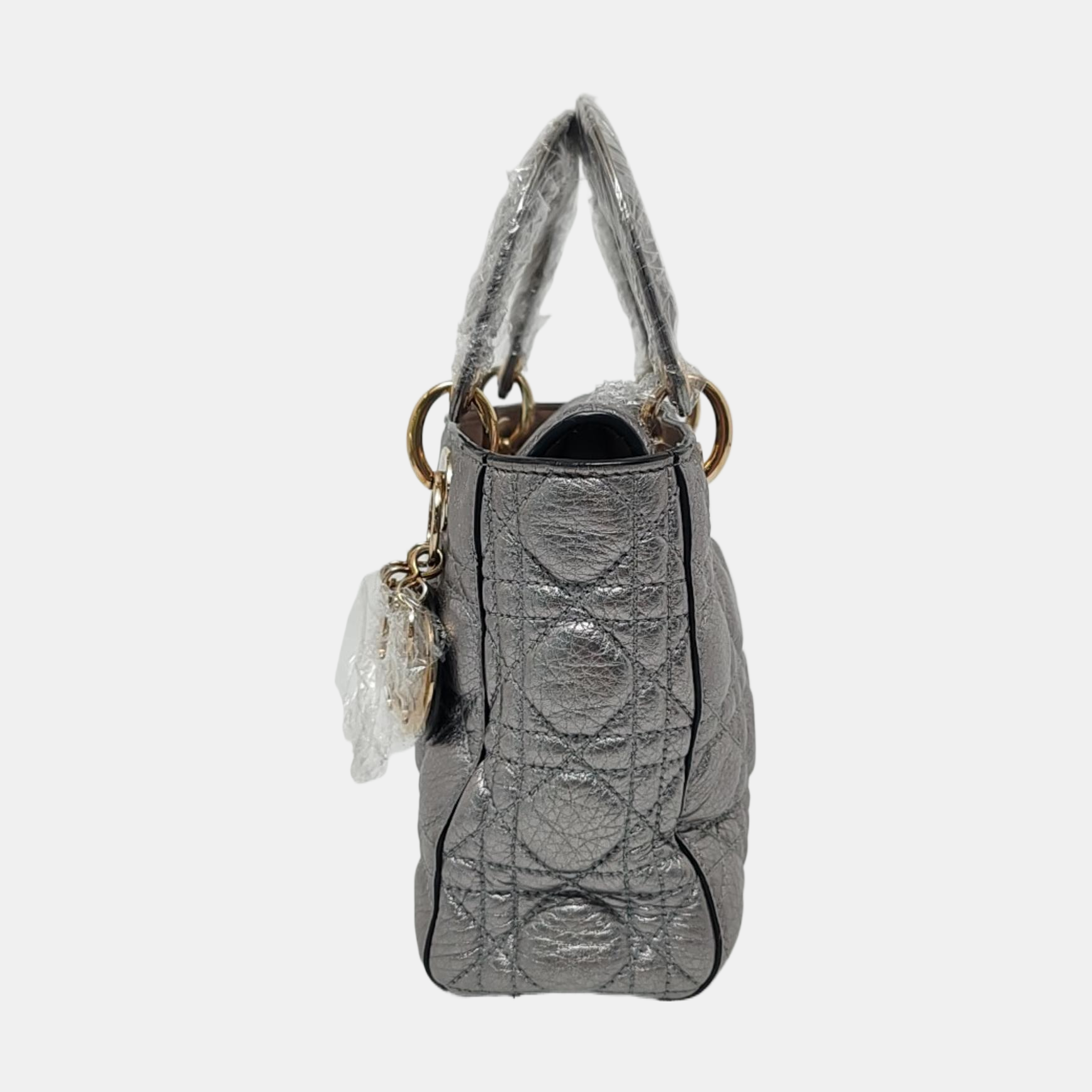 Lady Dior Small Supple Calfskin Leather Metallic Grey Cannage Handbag with Strap