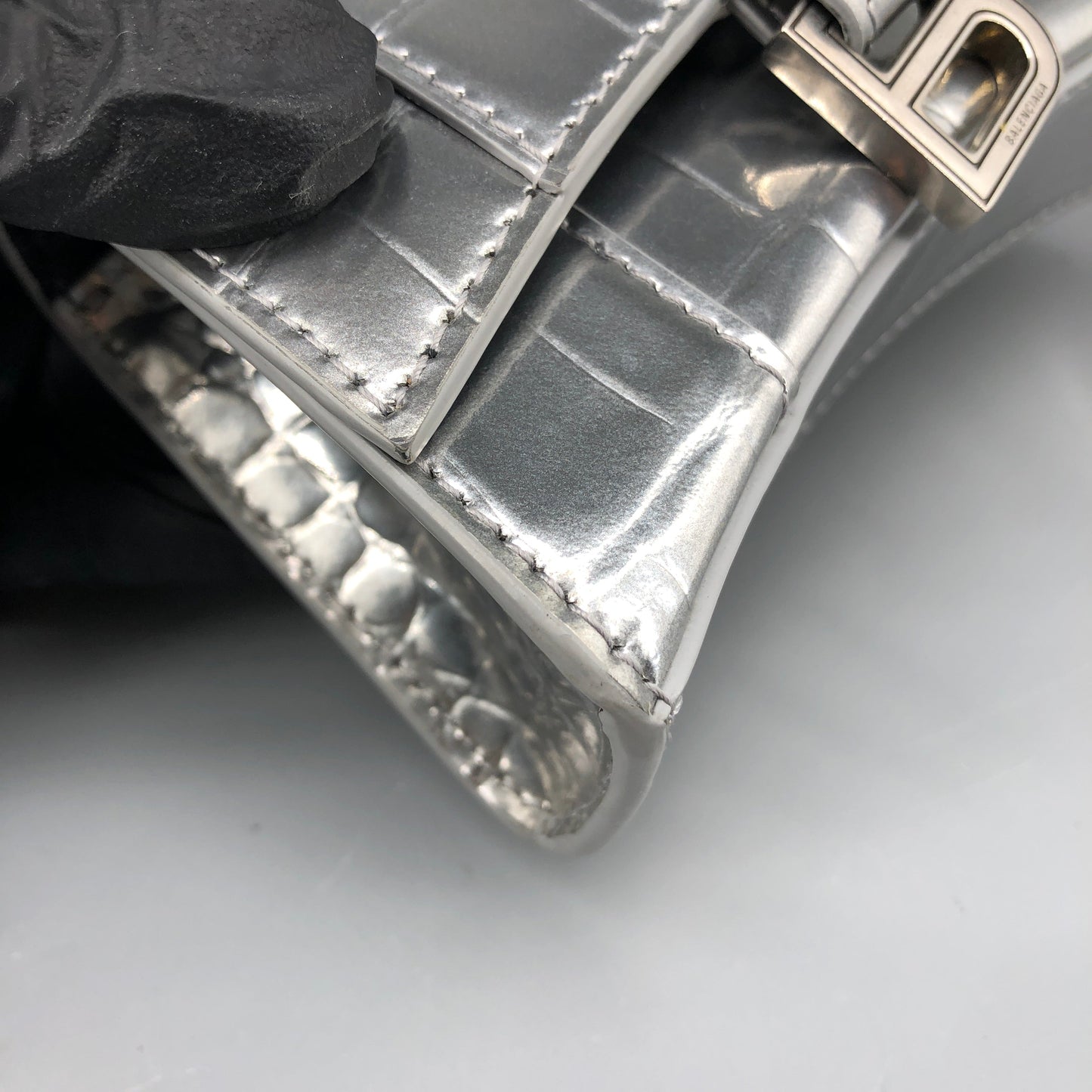 Balenciaga Silver Croc Embossed micro Hourglass Top Handle Bag