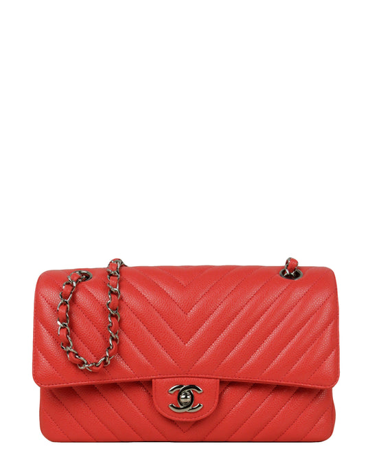 Chanel Coral Caviar Leather Chevron 10" Flap Bag - Rovelle Bags