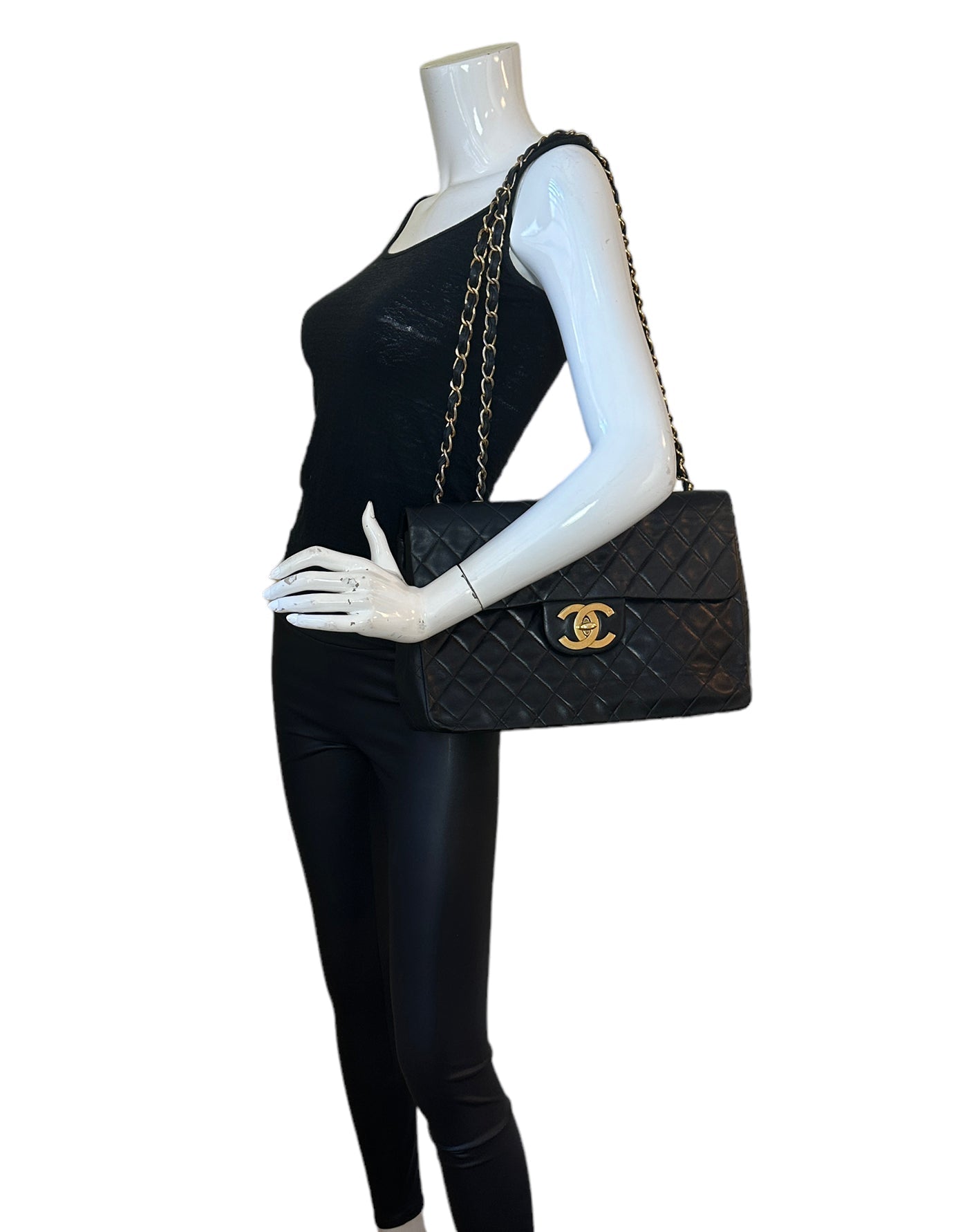 Chanel 1990s Black Lambskin Leather XL Flap Bag - Rovelle Bags