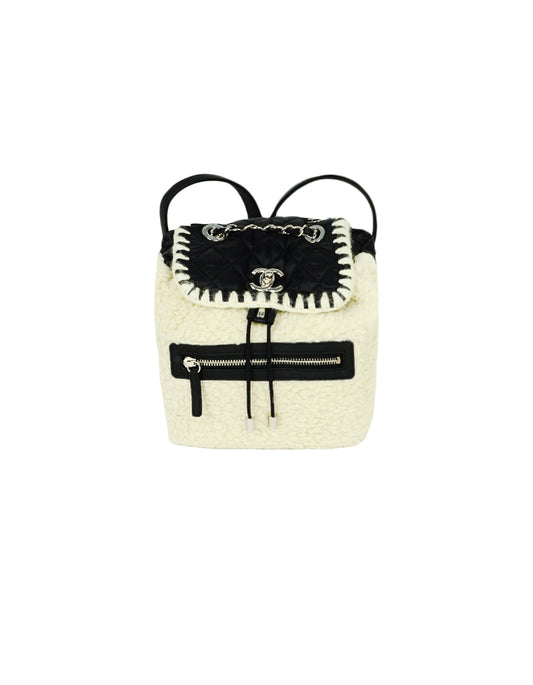 Chanel Black/Ecru Nylon & Shearling Coco Backpack - Rovelle Bags