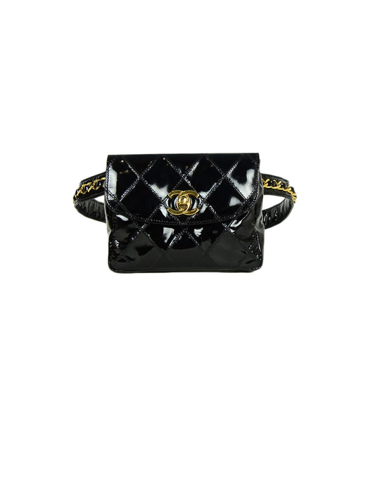 Chanel Black Patent Leather Quilted CC Handbag - Rovelle Bags