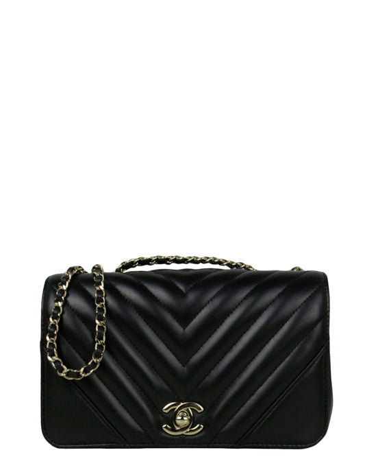 Chanel Black Lambskin Chevron Mini Statement Flap Bag - Rovelle Bags