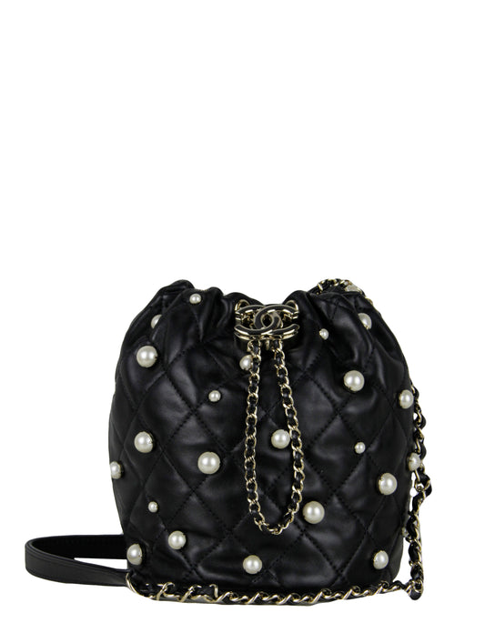 Chanel Black Leather Pearl Bucket Bucket Bag - Rovelle Bags