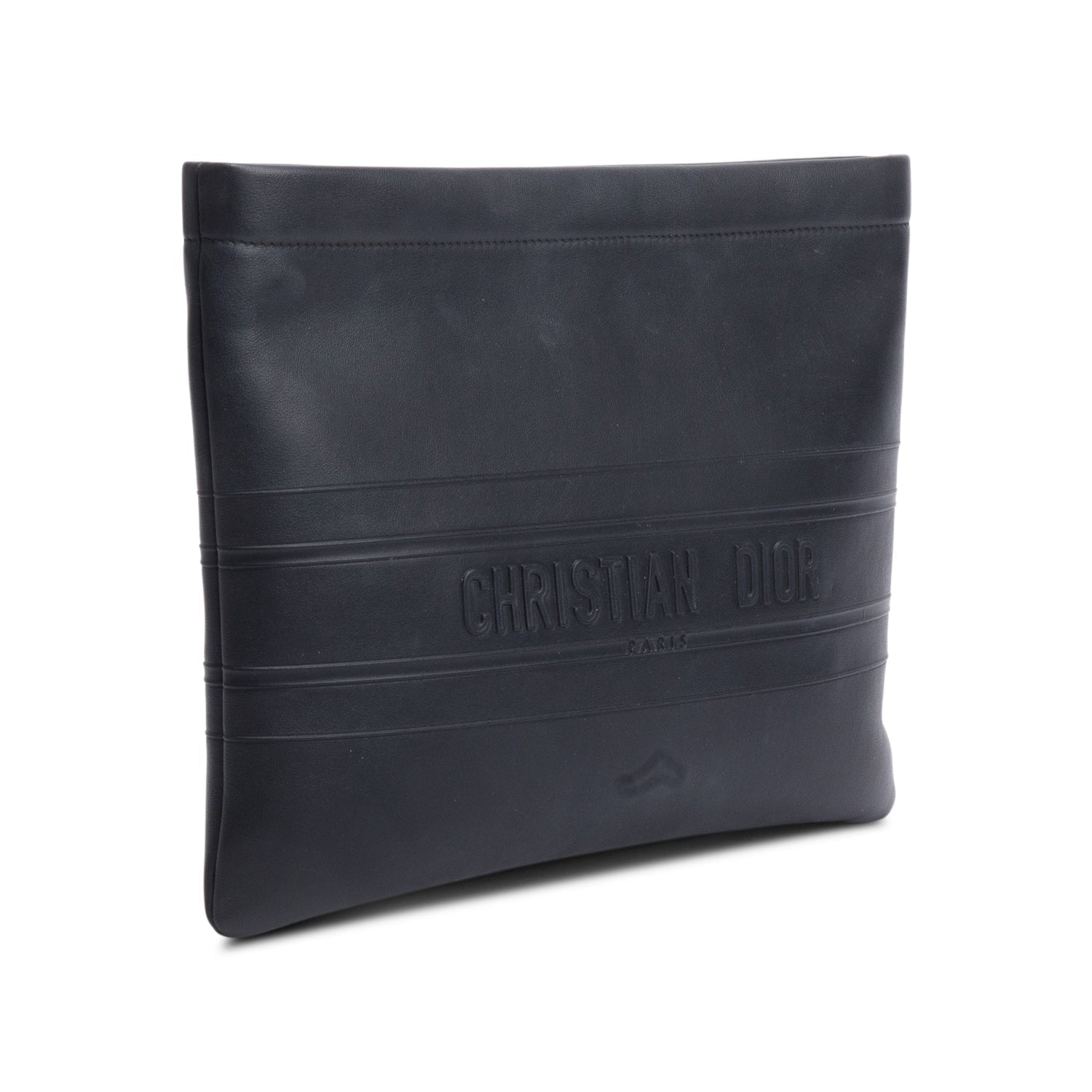 Christian Dior Black calfskin Leather Logo Strip Zip Pouch