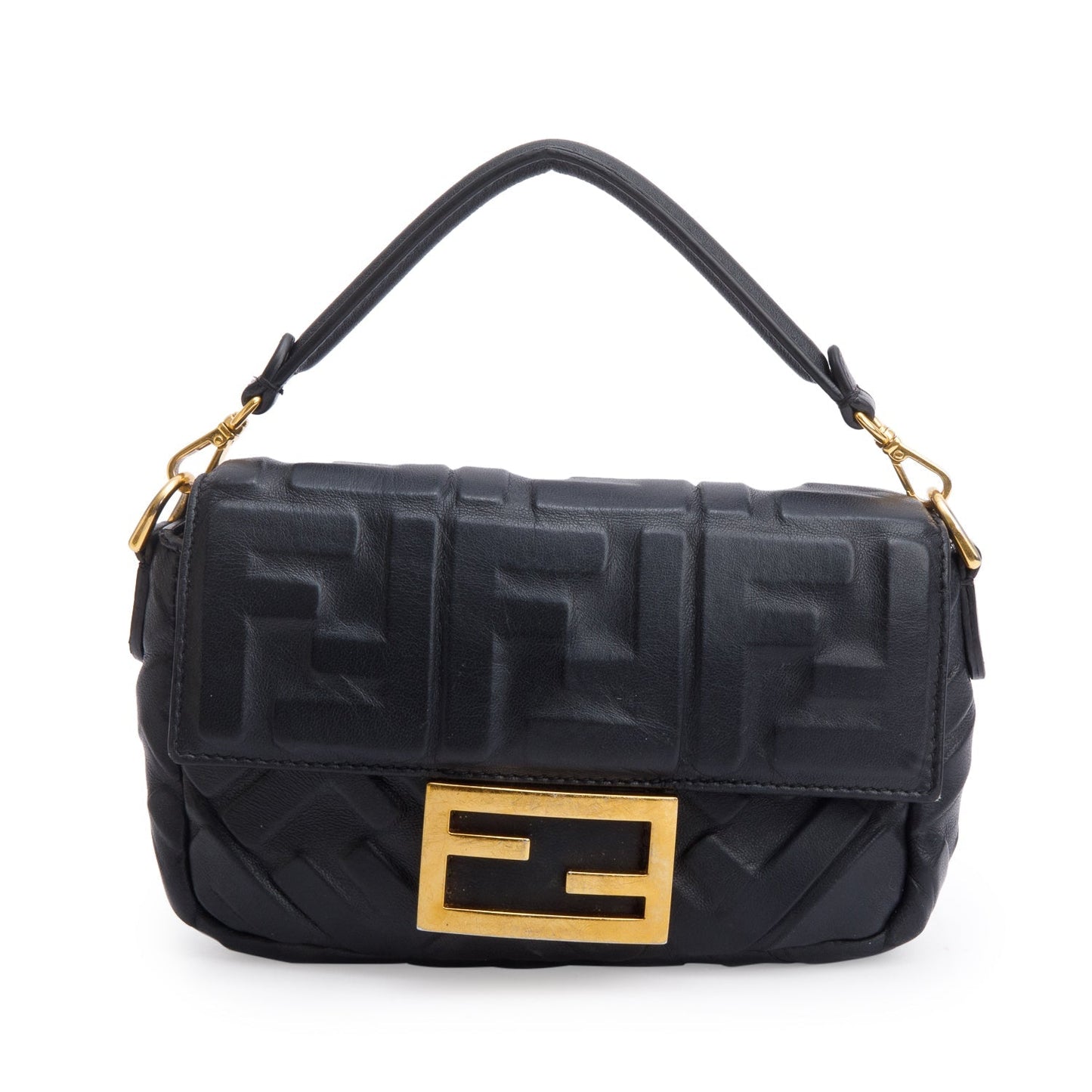 Fendi Black FF Embossed Nappa Leather Mini Be Baguette Bag