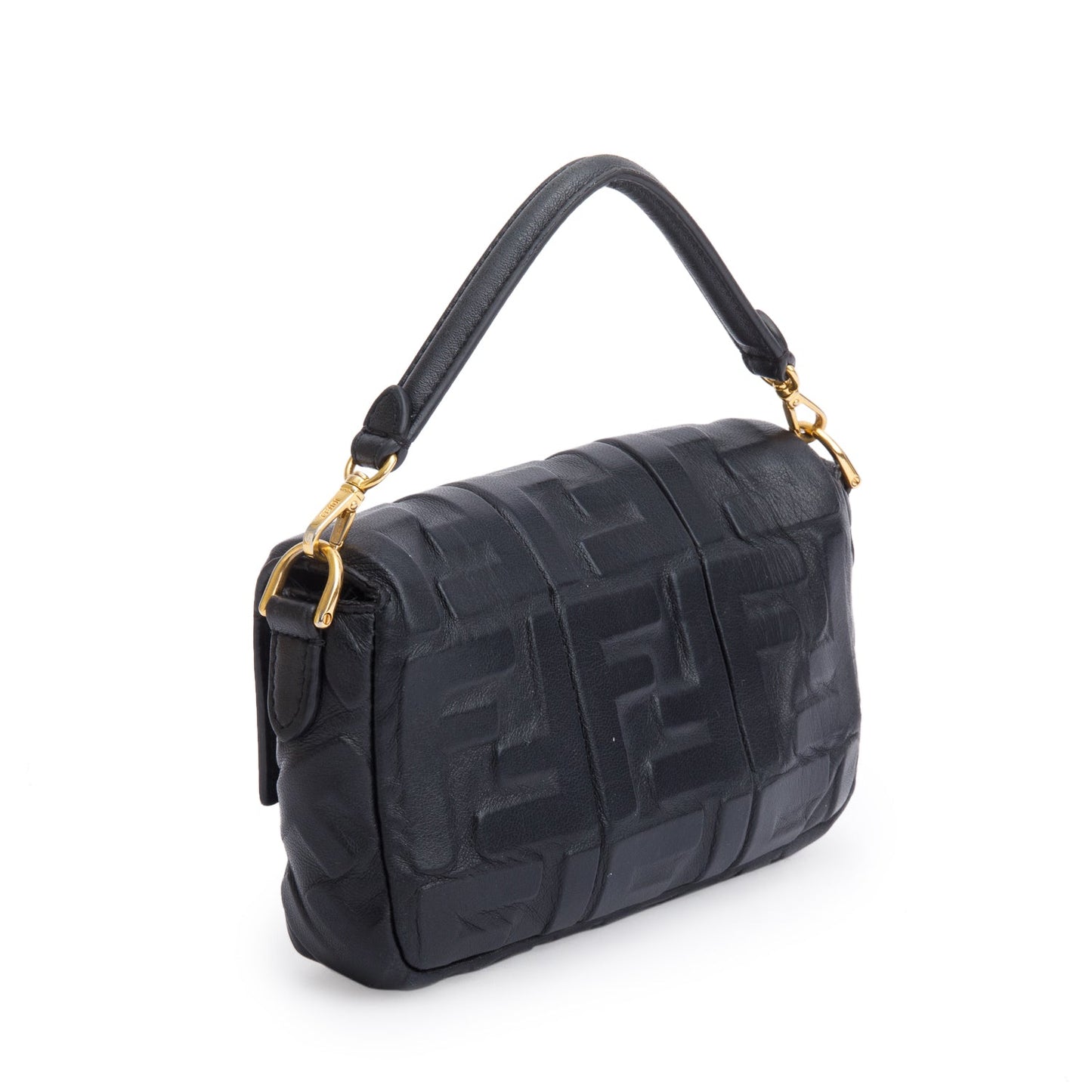 Fendi Black FF Embossed Nappa Leather Mini Be Baguette Bag