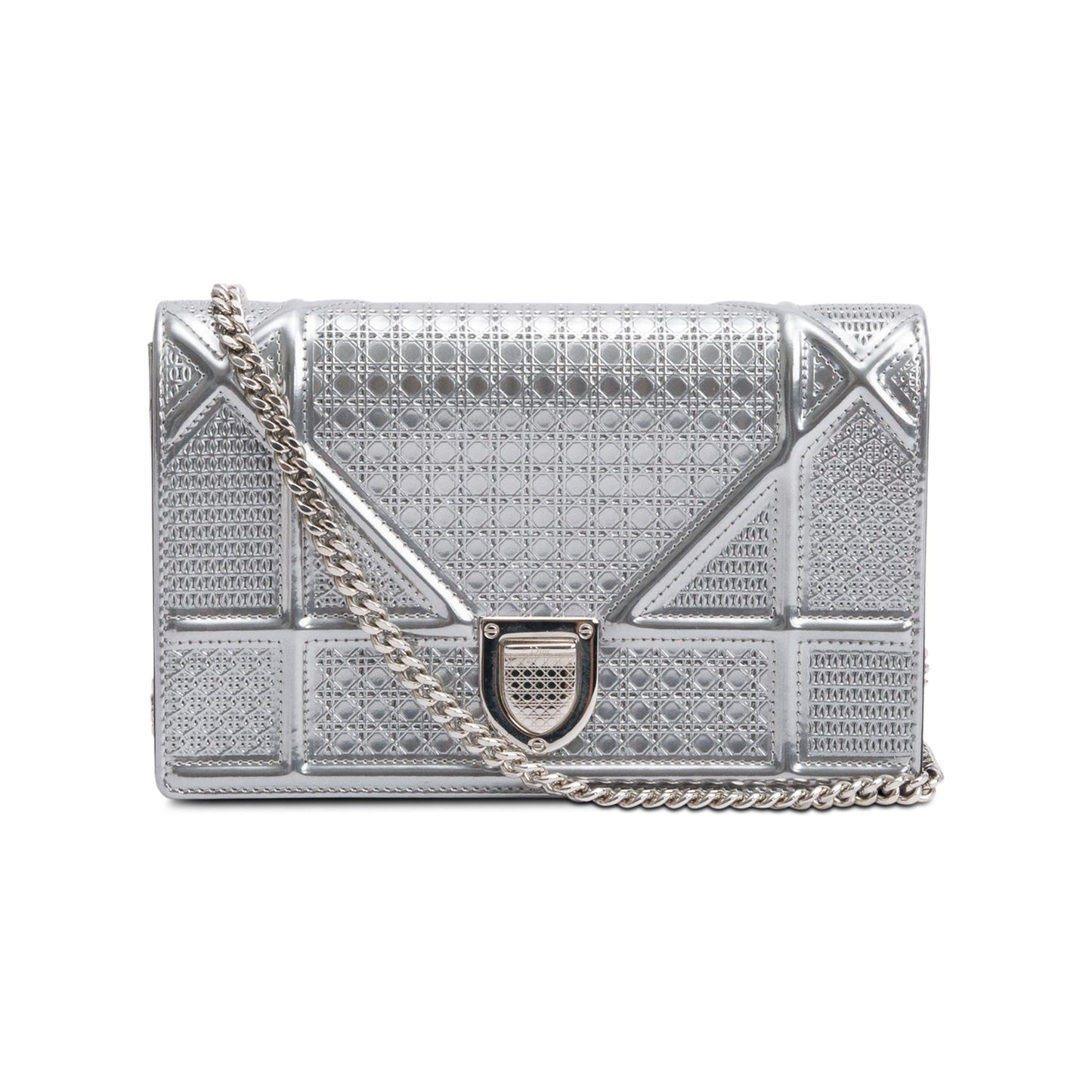 Christian Dior Metallic Silver Microcannage Patent Leather Diorama Wallet on Chain