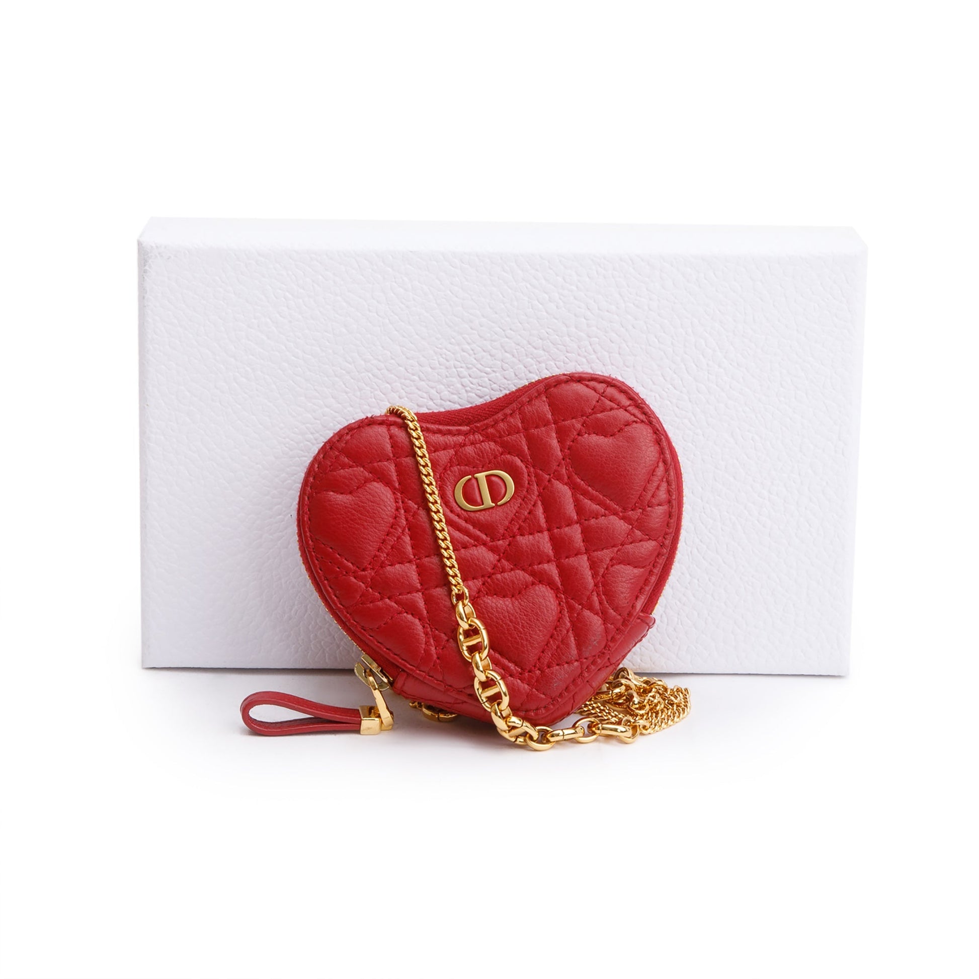 Christian Dior 2023 Red Cannage Calfskin Leather Dioramour Caro Heart Chain Pouch