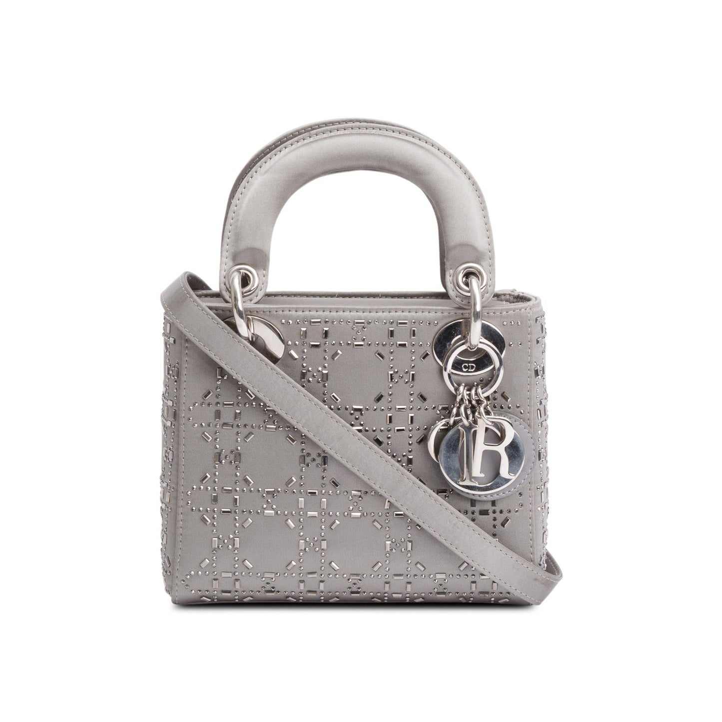 Christian Dior Grey Cannage Satin Crystal Embellished Mini Lady Dior Bag