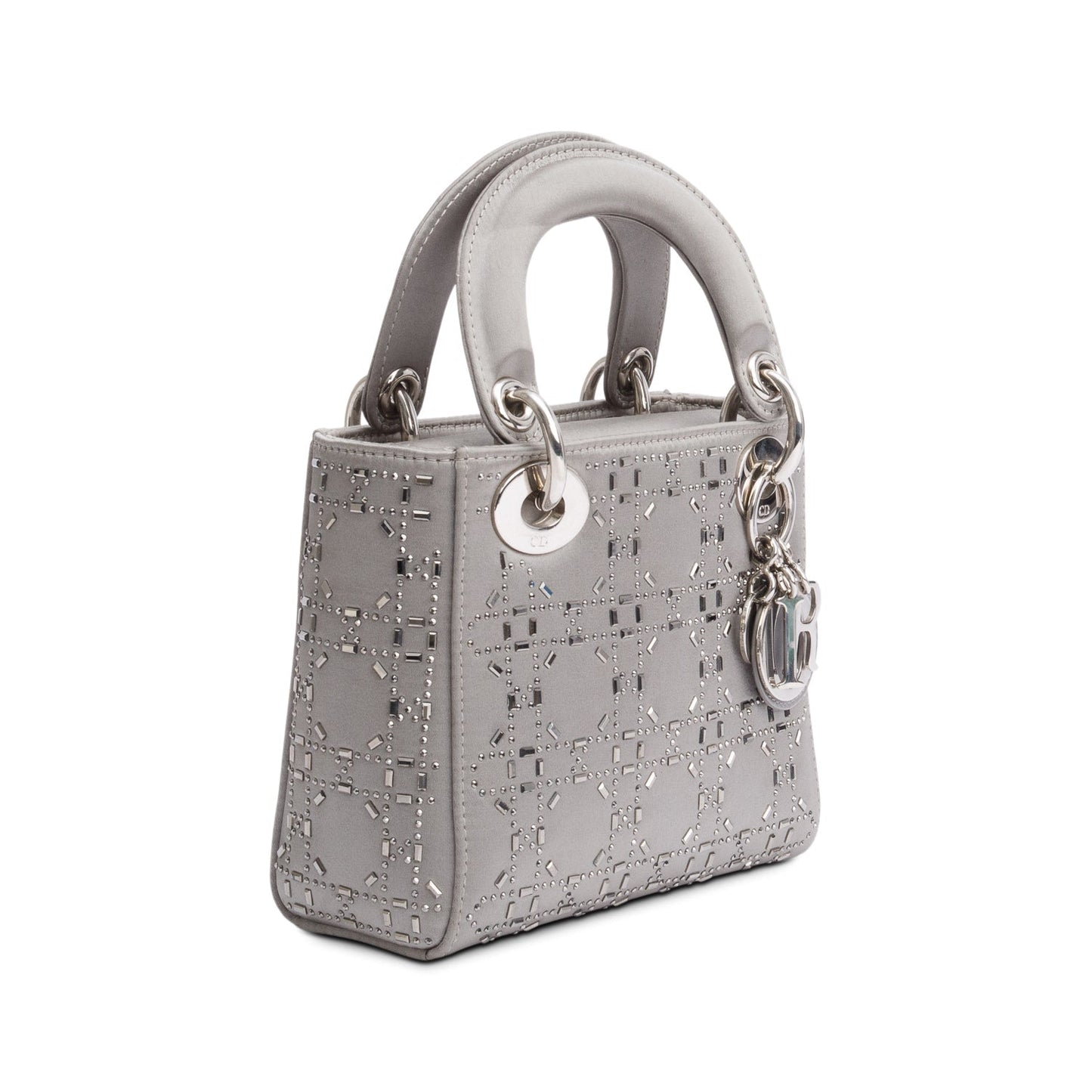 Christian Dior Grey Cannage Satin Crystal Embellished Mini Lady Dior Bag