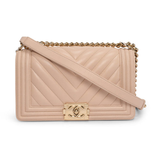 Chanel Beige Chevron Lambskin Old Medium Handbag - Rovelle Bags