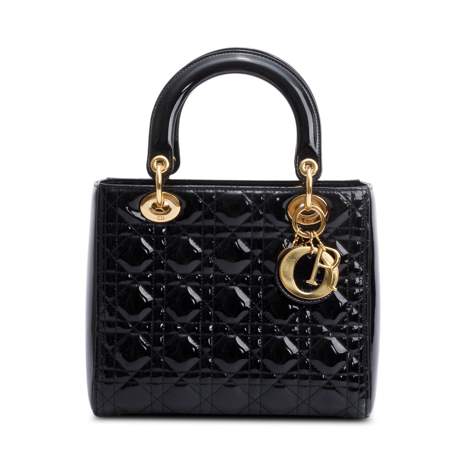 Christian Dior Black Cannage Patent Leather Medium Lady Dior Bag