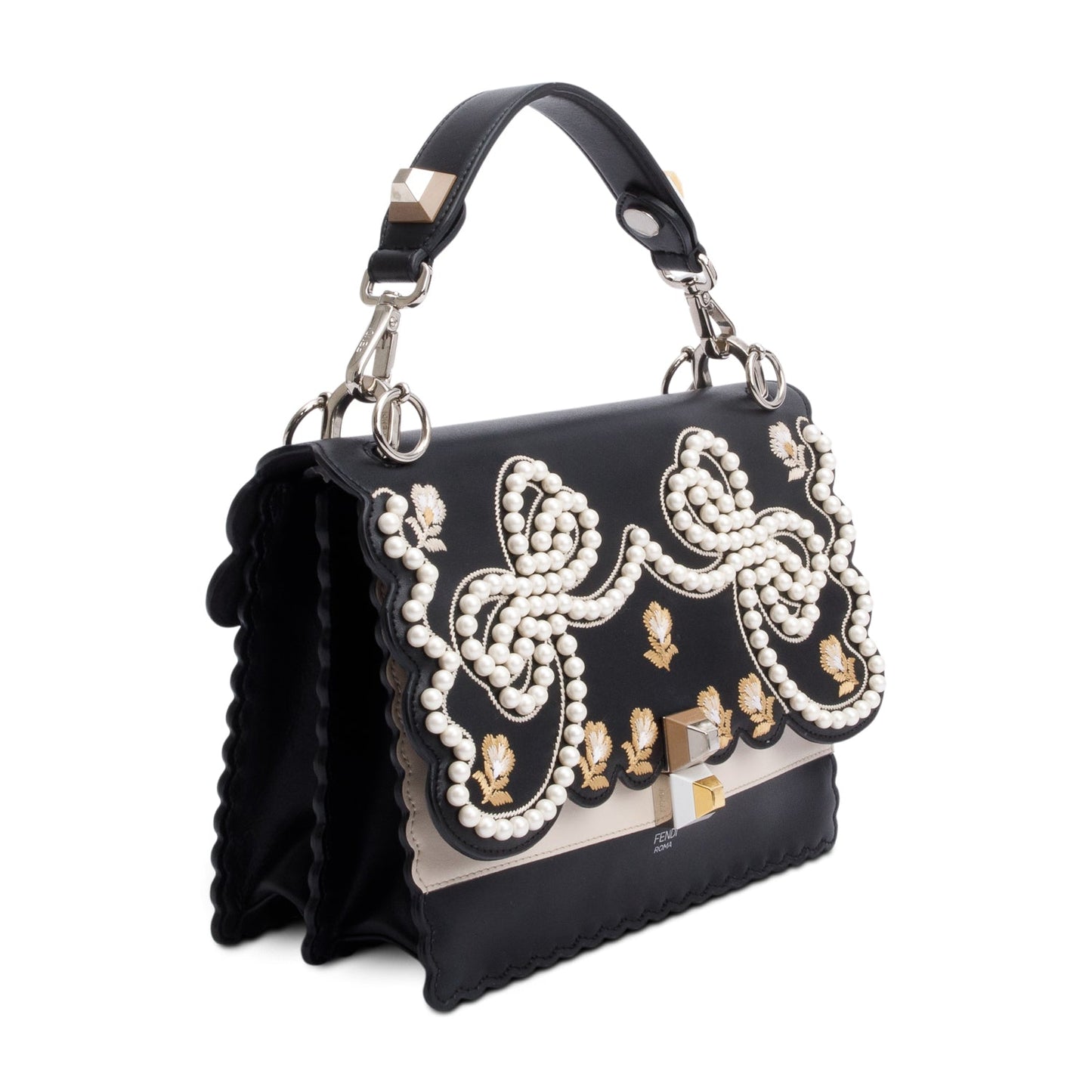 Fendi Black Calfskin Leather Faux Pearl Medium Kan I Scallop Handle Bag