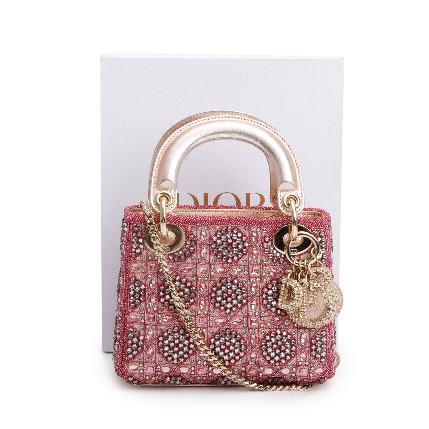 Christian Dior Pink Lambskin & Satin Embroidered Crystal Beads Mini Lady Dior Bag