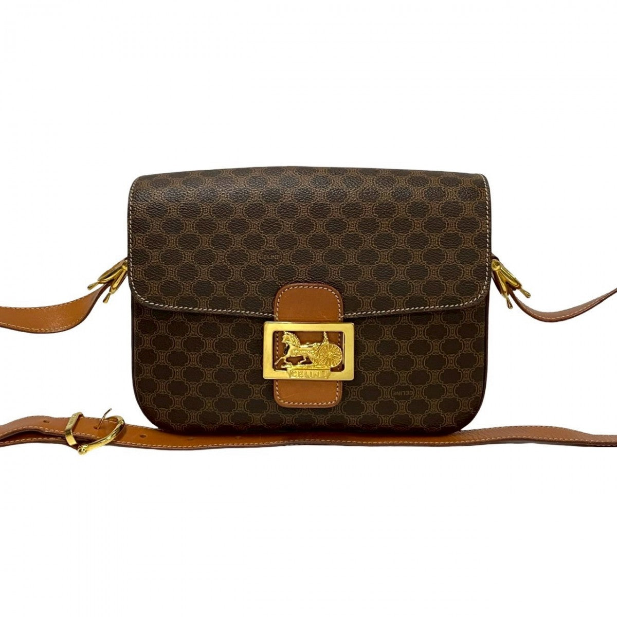 CELINE Shoulder Bag Leather, PVC Brown Macadam Blason Triomphe Pattern logo Carriage Metal Women
