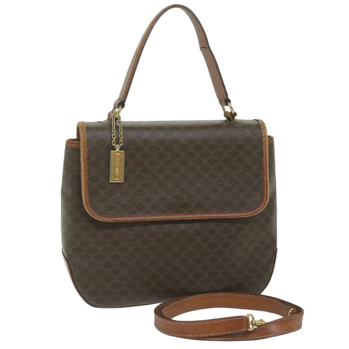 Luxury CELINE Macadam Canvas Hand Bag PVC Leather 2way Brown 62941