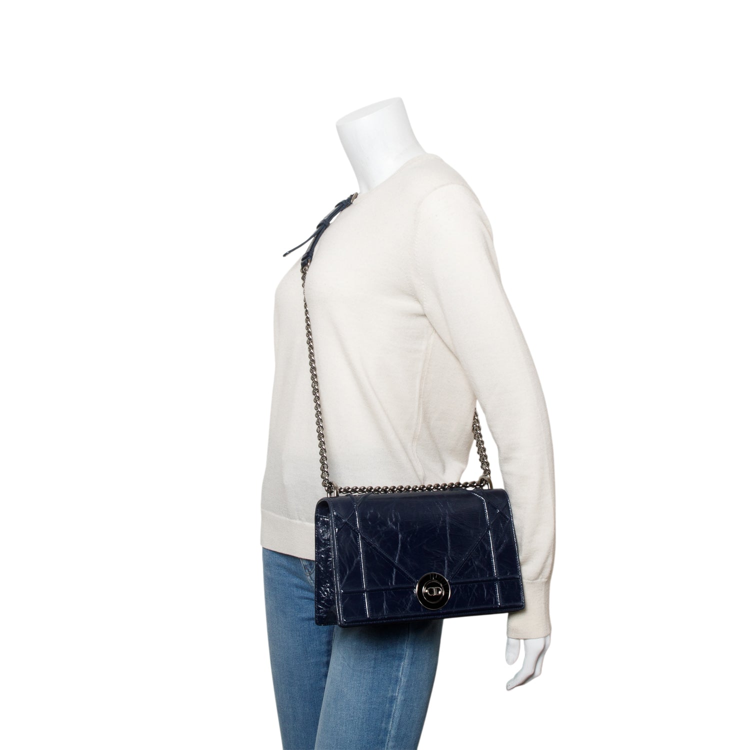 Christian Dior Navy Crinkled Cannage Leather Crystal Embellished Medium Diorama Flap Bag