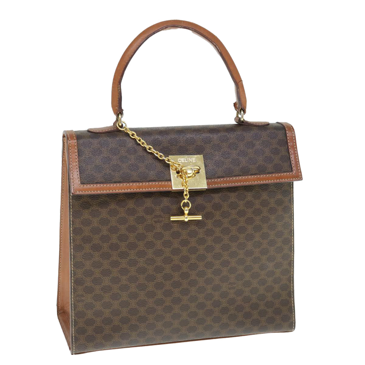 Luxury CELINE Macadam Canvas Hand Bag PVC Leather Brown 63166