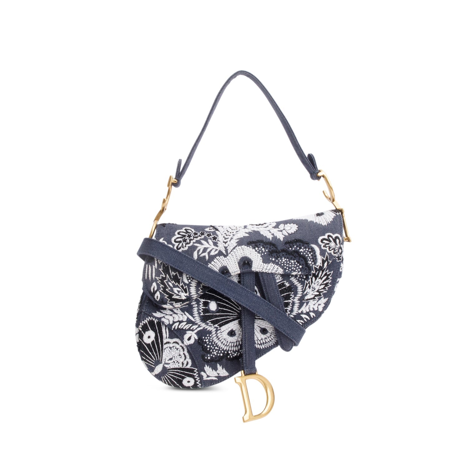 Christian Dior 2023 Blue Denim Embroidered Strass Beaded Butterfly & Flowers Medium Saddle Bag