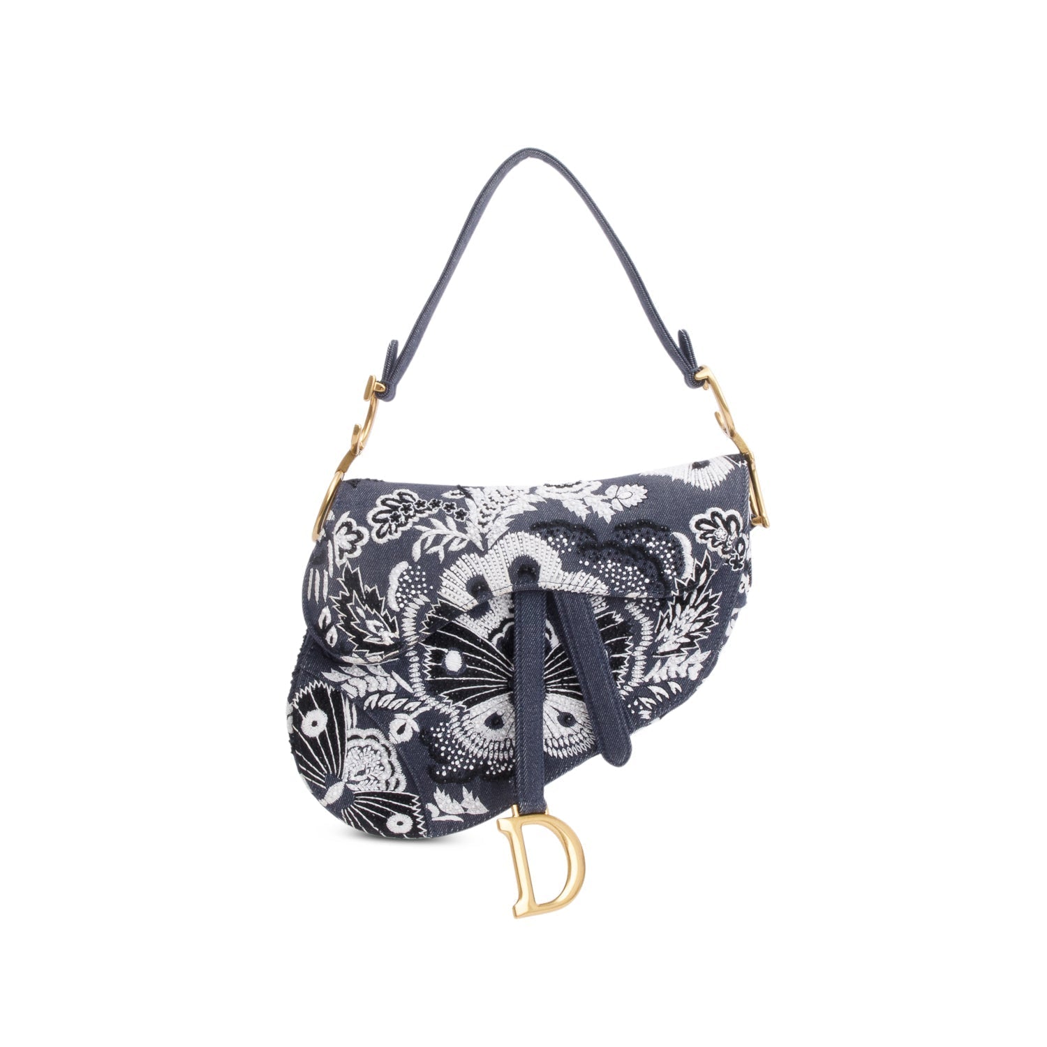 Christian Dior 2023 Blue Denim Embroidered Strass Beaded Butterfly & Flowers Medium Saddle Bag