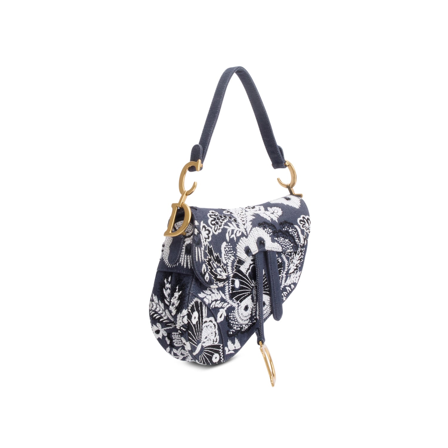 Christian Dior 2023 Blue Denim Embroidered Strass Beaded Butterfly & Flowers Medium Saddle Bag
