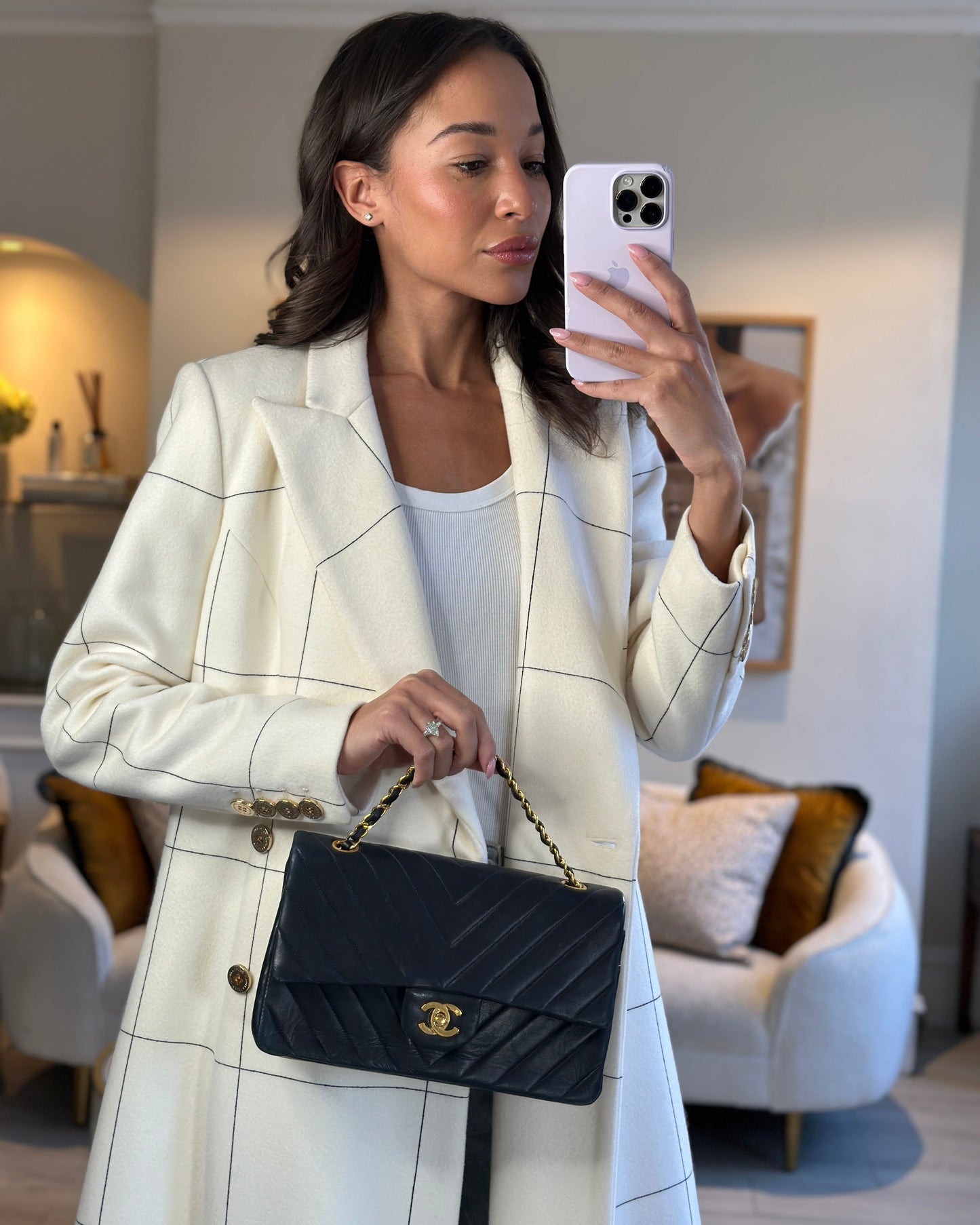 Chanel Navy Classic Medium Chevron Double Flap Bag - Rovelle Bags