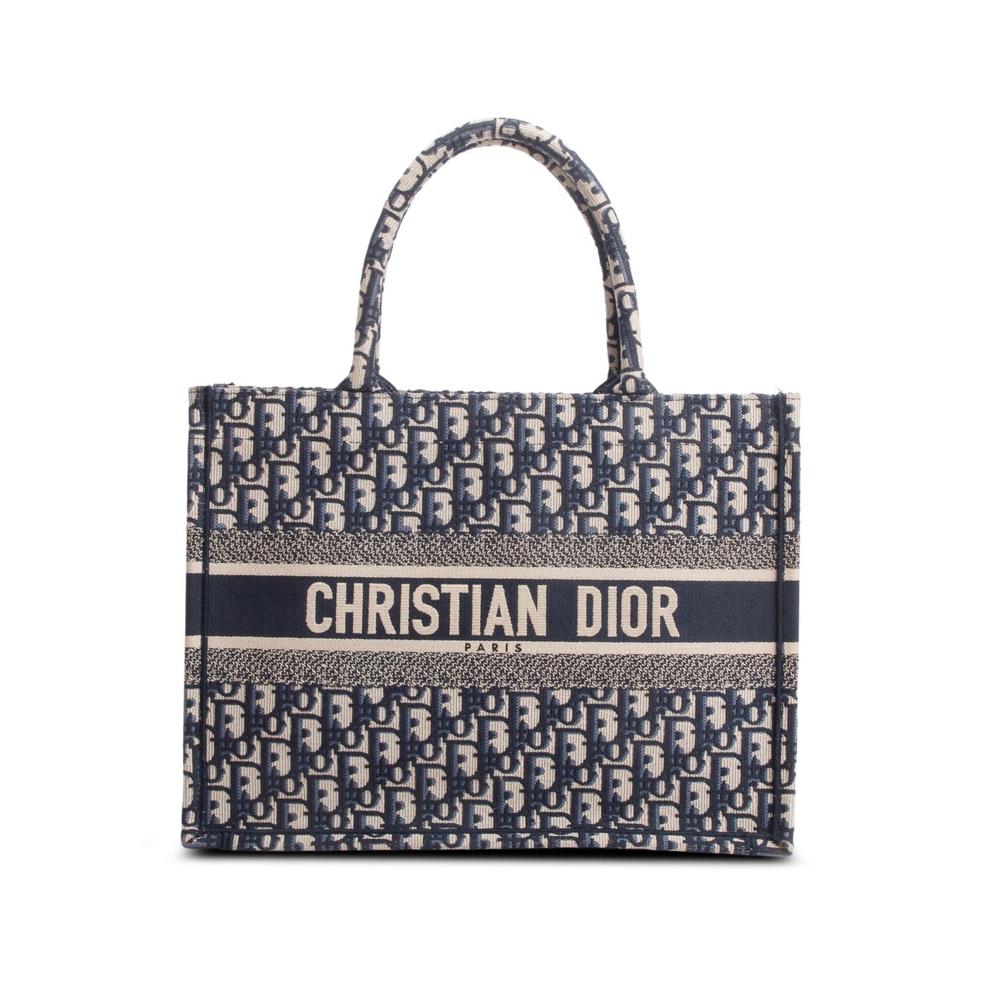 Christian Dior 2023 Ecru and Blue Oblique Embroidery Medium Book Tote