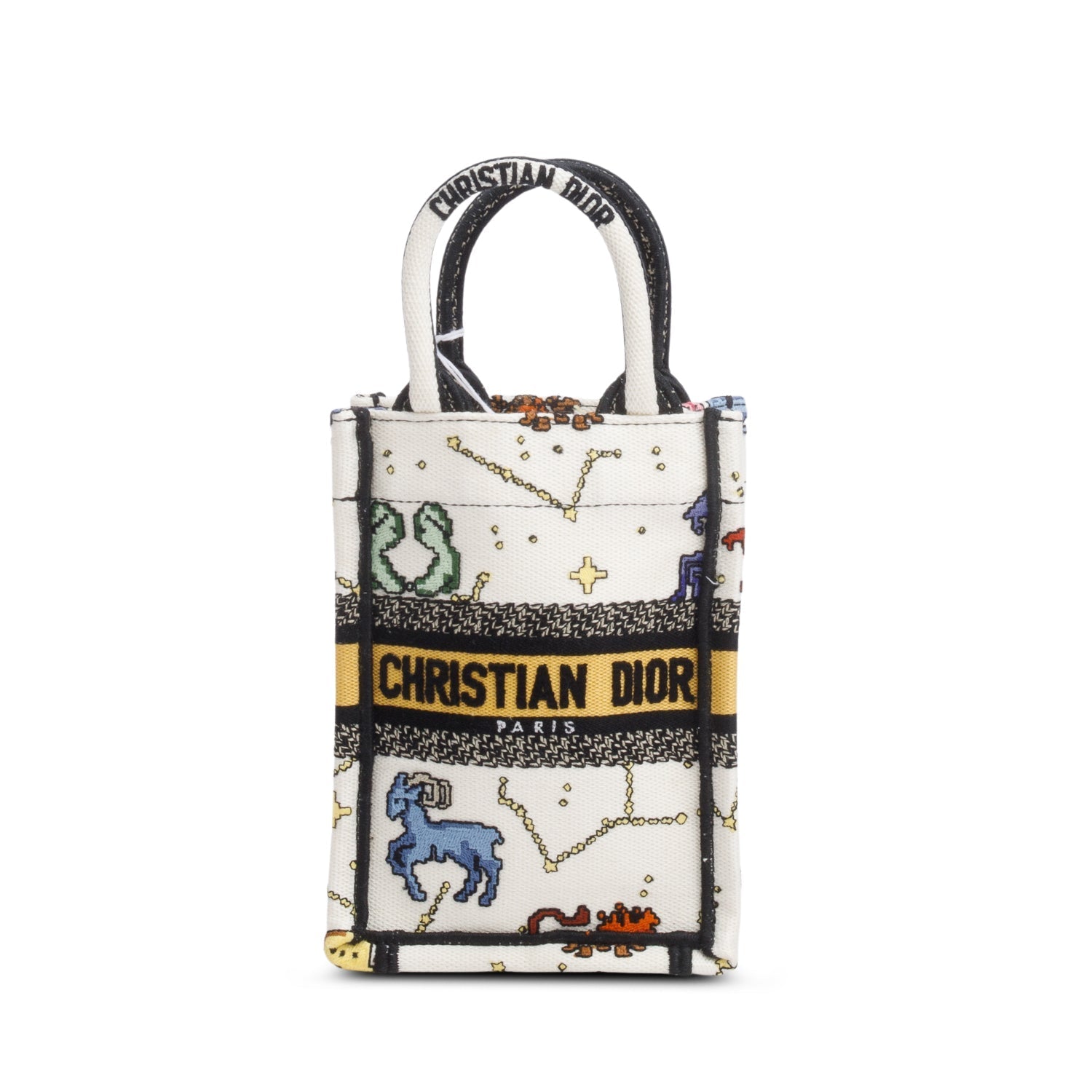 Christian Dior 2022 Cream Canvas Embroidered Pixel Zodiac Mini Book Tote Phone Bag